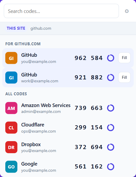 The Sesame toolbar popup listing saved codes with live six-digit values and countdown rings.