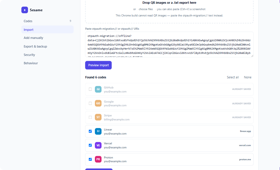 The import screen listing six codes found, with three marked ALREADY SAVED and three new ones checked for import.