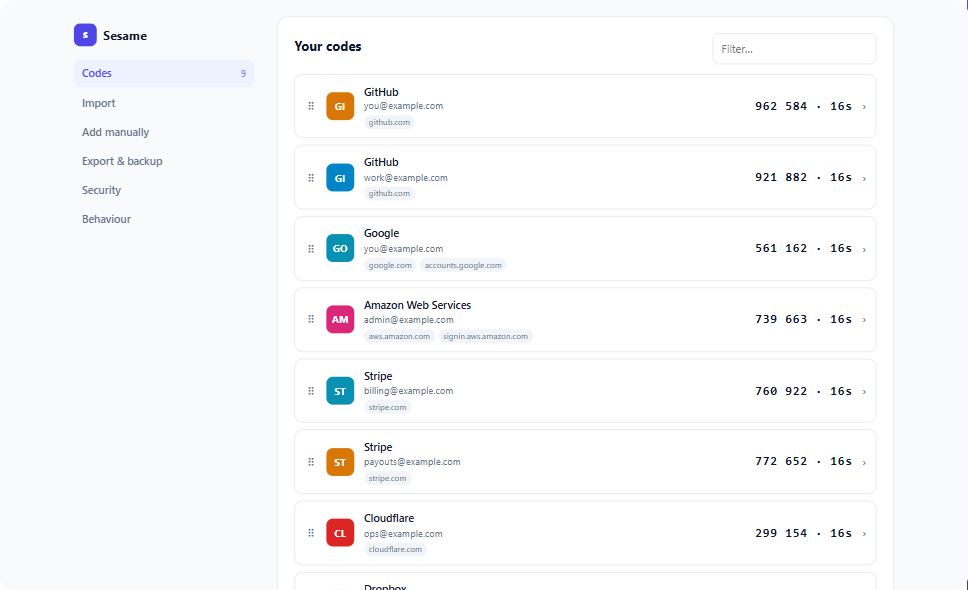 The settings page listing saved codes, each showing the domains it belongs to.